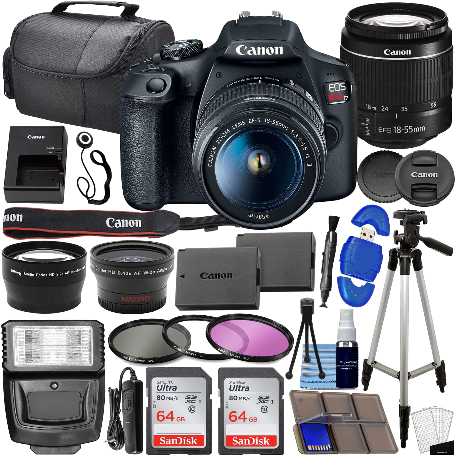 Canon EOS Rebel T7 DSLR Camera Bundle w Canon EF-S 18-55mm f3.5-5.6 is II Lens + 2pc SanDisk 64GB Memory Cards, Wide Angle Lens, Telephoto Lens, 3pc Filter Kit + Accessory Kit